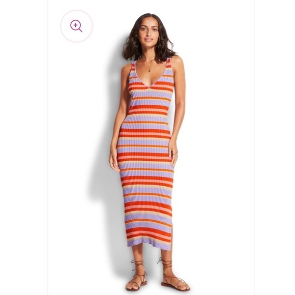 Seafolly sundancer ribbed Knit Cover-Up Maxi Dress sleeveless striped size S - Picture 5 of 14